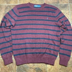 Ralph Lauren Burgundy and Navy Striped Crewneck Sweater